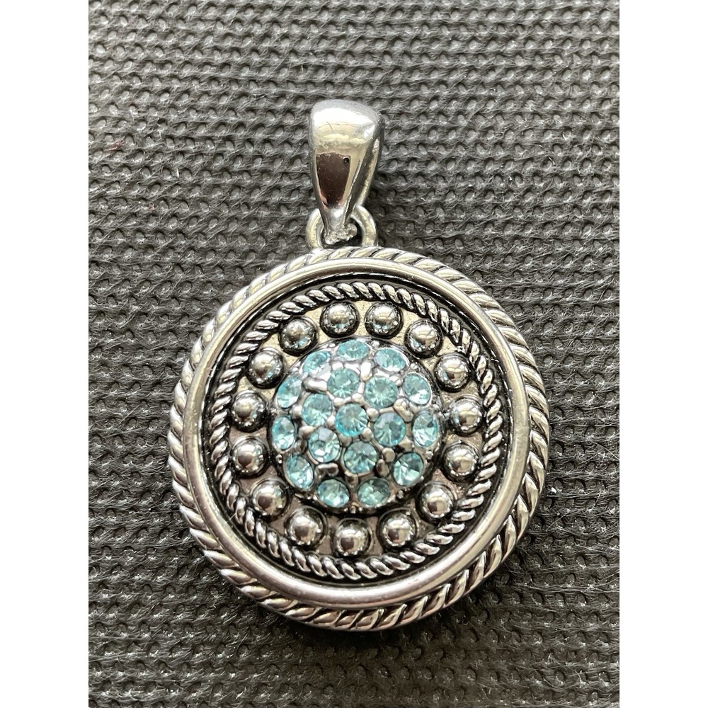 Vintage Round Silver-tone Pendant Blue Crystal Rhinestones Costume Jewelry